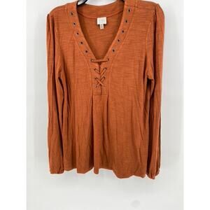 CUPIO Women's Rust Lace-Up V-Neck Long Sleeve Top SZX L